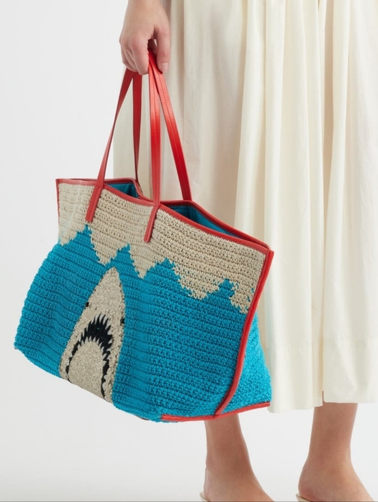STAUD Handbags - STAUD X large Bag Crochet Leather Shark Embroidered Tote Turquoise Cream Purse
